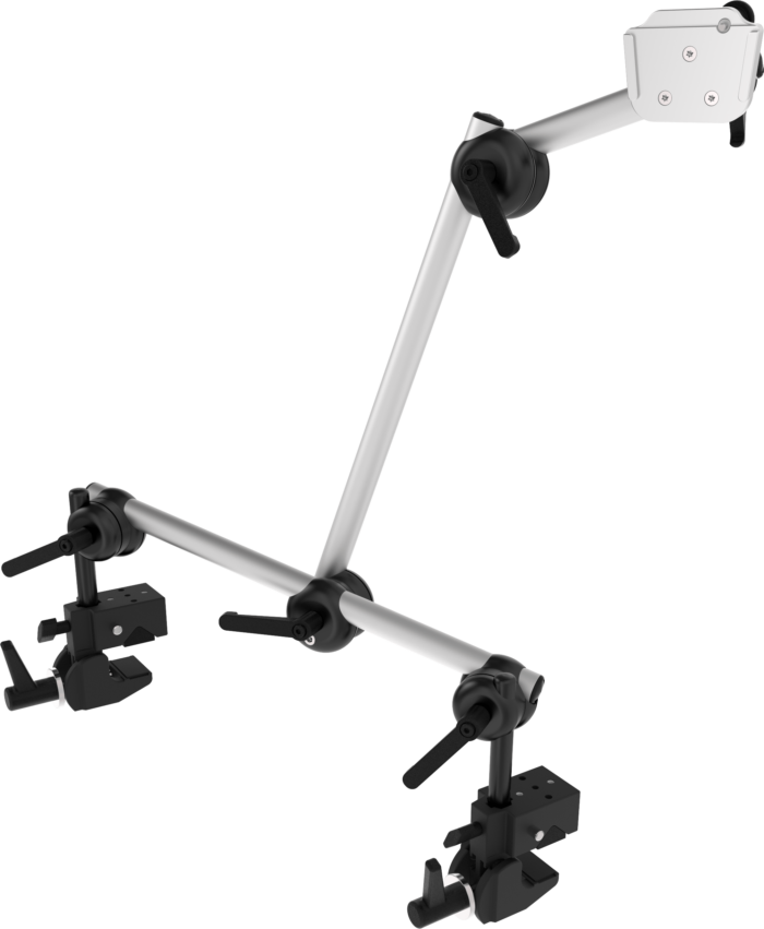 Durable Monty 3D table mount system with dual corner clamp for heavy devices, by Rehadapt