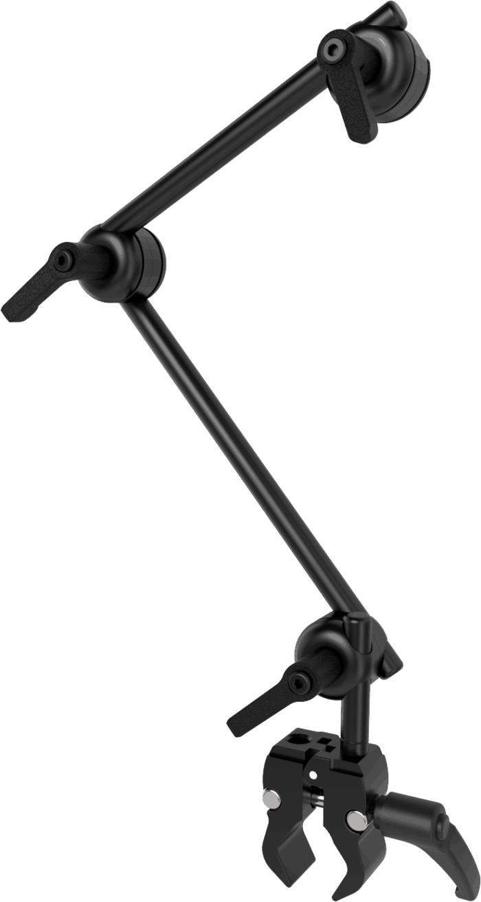 Switch mount with small tube clamp to mount to wheelchair, and two QuickShift joints to combine with any SLS switch adapter plate, by Rehadapt